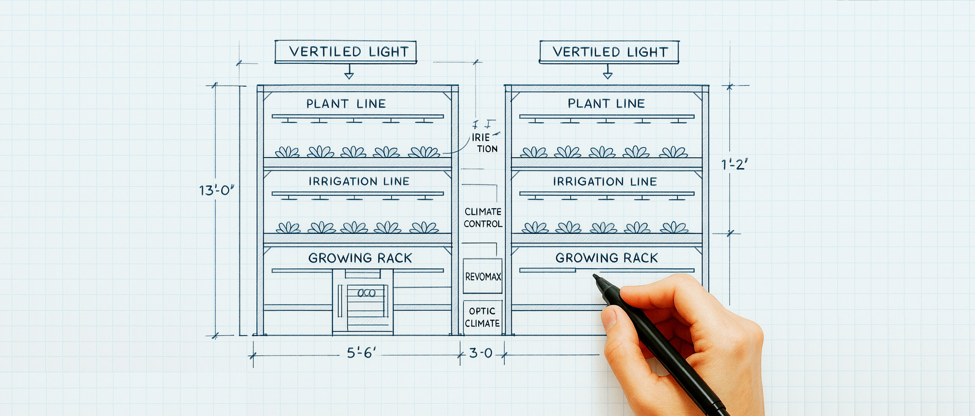 Sketch of a vertical farm design with VertiLED lights and growing racks