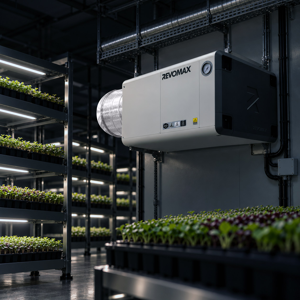 Revomax climate unit installed in a germination room with seedling racks